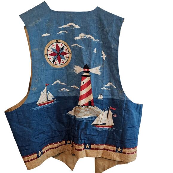 Vintage Handmade Sailing Vest Women 2X Blue Patchwork Cottage Lighthouse Ocean - Picture 2 of 9